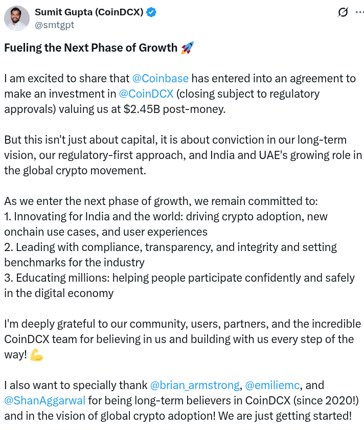 Coinbase Hỗ Trợ CoinDCX Của Ấn Độ Với Định Giá 2,45 Tỷ USD