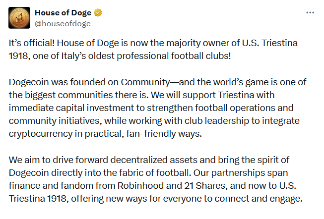 House of Doge Mua Câu Lạc Bộ Bóng Đá Ý – Bước Tiến Mới Của Tiền Mã Hóa Trong Thể Thao