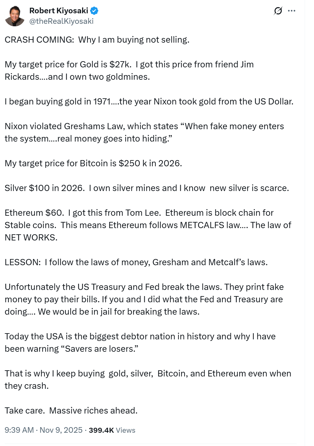 Robert Kiyosaki Nói Đang Mua Vào, Nhắm Mục Tiêu Bitcoin 250.000 USD và Vàng 27.000 USD