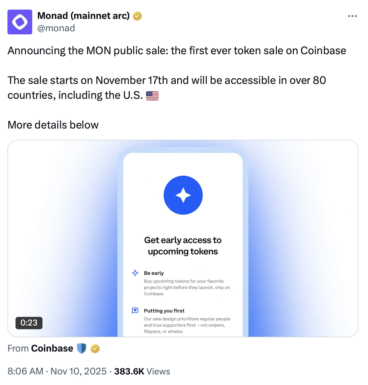 Coinbase Ra Mắt Nền Tảng Bán Token Mới, Khởi Động Cùng Dự Án Monad