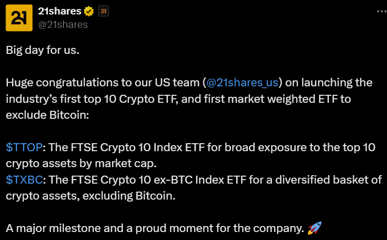 21Shares Ra Mắt Quỹ ETF Chỉ Số Crypto Theo Đạo Luật 1940 Của SEC – Bước Tiến Lớn Cho Thị Trường Tài Chính Truyền Thống