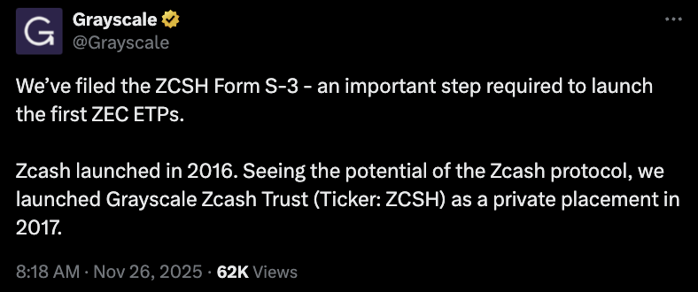 Grayscale Nộp Hồ Sơ Lên SEC Để Niêm Yết Quỹ ETF Zcash – Bước Tiến Mới Cho Tài Sản Số