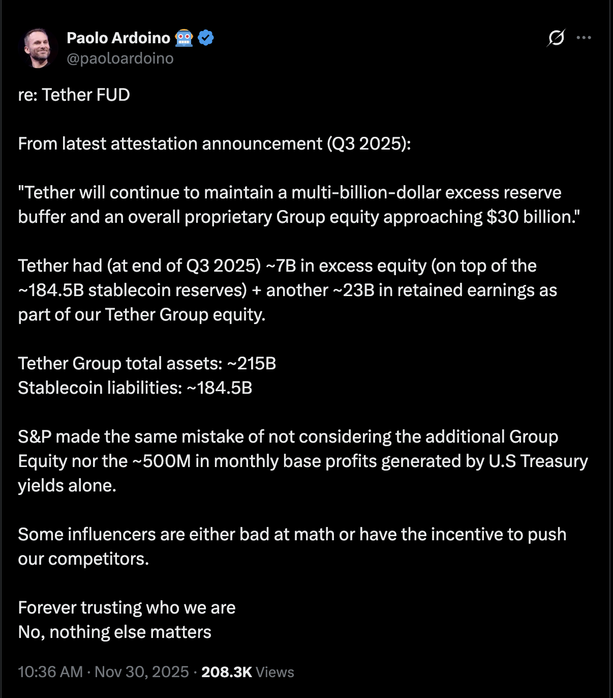 Tether CEO Phản Đối Mạnh Mẽ S&P, Tố Các Influencer Phát Tán Tin Đồn Gây Hoang Mang (FUD) Nhắm Vào Tether