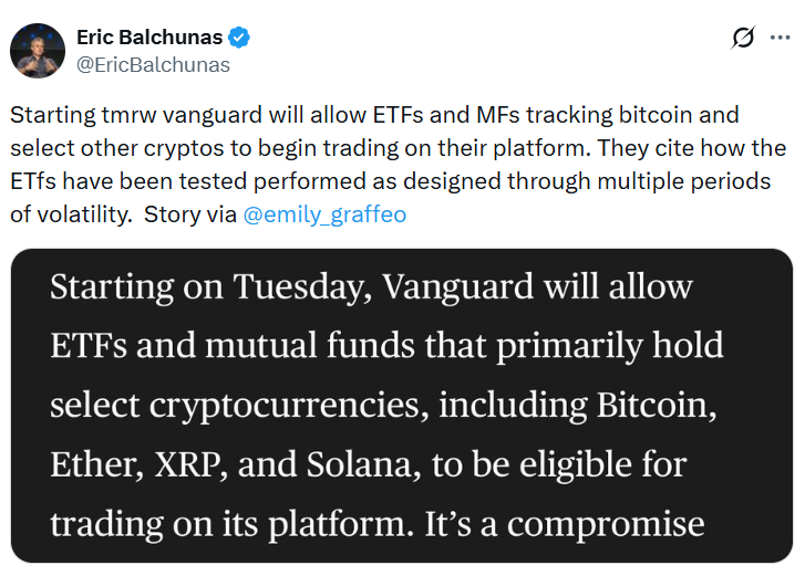 Vanguard Tiến Gần Hơn Đến Việc Mở Cửa Crypto Cho Hàng Triệu Nhà Đầu Tư